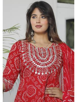 Sanganeri Bandhani/Bandhej Prined Embroidered Ethnic Anarkali Stiched Suit Set 2