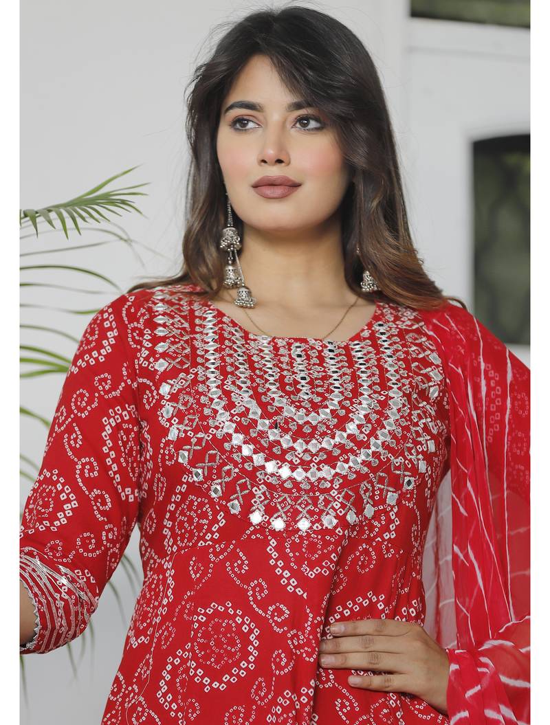 Sanganeri Bandhani/Bandhej Prined Embroidered Ethnic Anarkali Stiched Suit Set