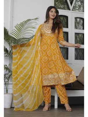 Shri Krishna Fabric Women's Rayon Bandhani Printed Embroidered Stiched Anarkali Suit Set 1