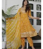 Shri Krishna Fabric Women's Rayon Bandhani Printed Embroidered Stiched Anarkali Suit Set