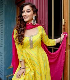 Shri Krishna Fabric Women's Rayon Stripes Leheriya Printed Yellow Stichd Anarkali Suit Set