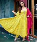 Shri Krishna Fabric Women's Rayon Stripes Leheriya Printed Yellow Stichd Anarkali Suit Set