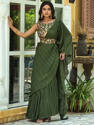 Mahendi Colour Chinnon Pleat Ruffles Saree WITH UN-STITCHED BLOUSE 1
