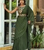 Mahendi Colour Chinnon Pleat Ruffles Saree WITH UN-STITCHED BLOUSE