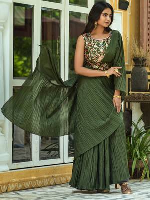 Mahendi Colour Chinnon Pleat Ruffles Saree WITH UN-STITCHED BLOUSE 2