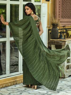 Mahendi Colour Chinnon Pleat Ruffles Saree WITH UN-STITCHED BLOUSE 3