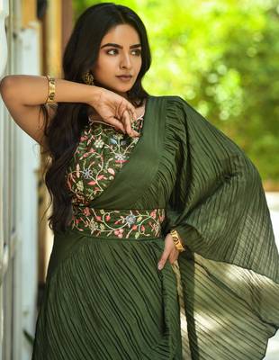 Mahendi Colour Chinnon Pleat Ruffles Saree WITH UN-STITCHED BLOUSE 4