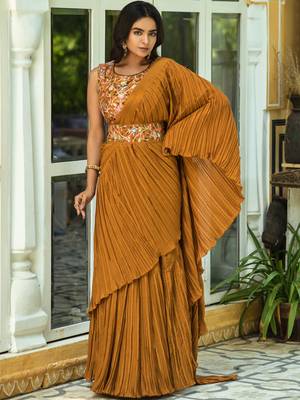 Yellow Colour Chinnon Pleat Ruffles Saree WITH UN-STITCHED BLOUSE 1