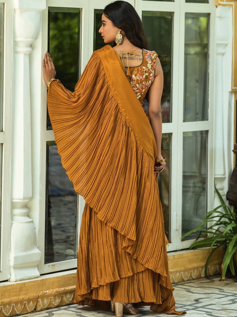 Yellow Colour Chinnon Pleat Ruffles Saree WITH UN-STITCHED BLOUSE