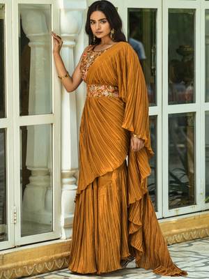 Yellow Colour Chinnon Pleat Ruffles Saree WITH UN-STITCHED BLOUSE 3