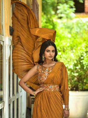 Yellow Colour Chinnon Pleat Ruffles Saree WITH UN-STITCHED BLOUSE 4