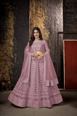 Pink embroidered net  lehenga 1
