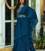 Teal Blue Colour Chinnon Pleat Ruffles Saree WITH UN-STITCHED BLOUSE