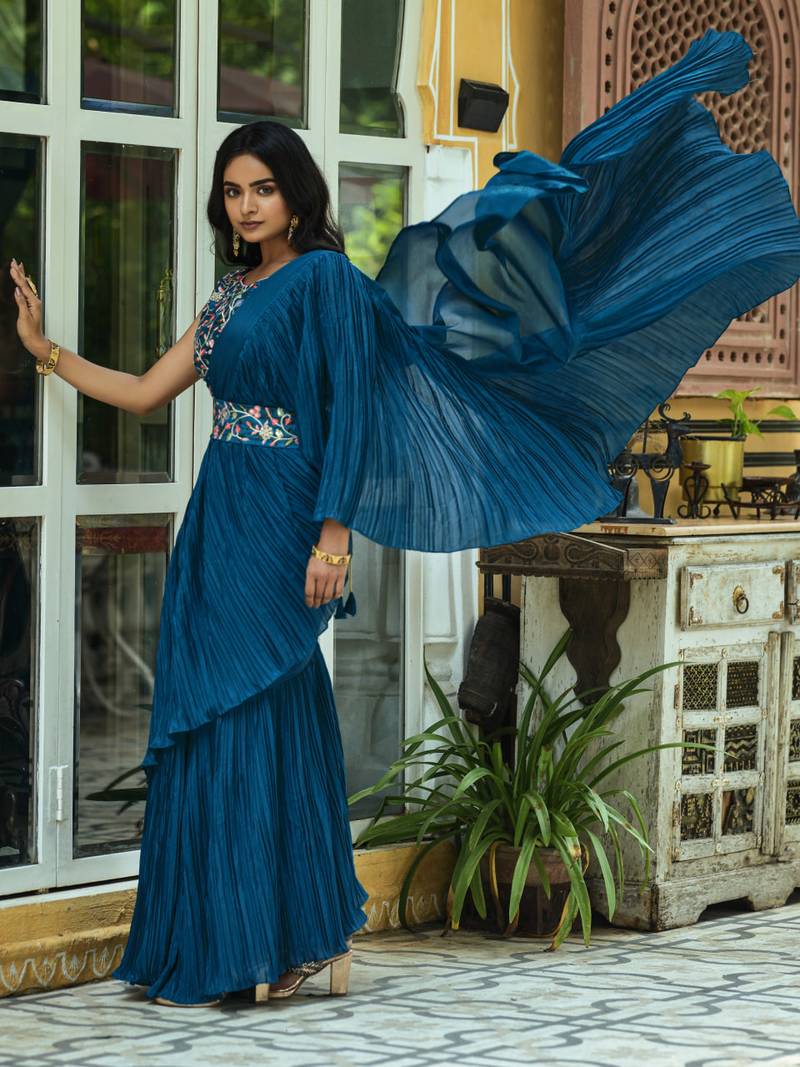 Teal Blue Colour Chinnon Pleat Ruffles Saree WITH UN-STITCHED BLOUSE