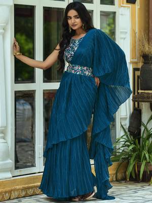 Teal Blue Colour Chinnon Pleat Ruffles Saree WITH UN-STITCHED BLOUSE 3