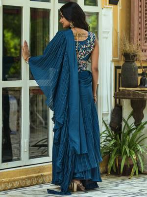Teal Blue Colour Chinnon Pleat Ruffles Saree WITH UN-STITCHED BLOUSE 4