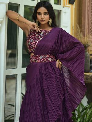 Wine Colour Chinnon Pleat Ruffles Saree WITH UN-STITCHED BLOUSE 1