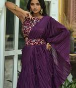 Wine Colour Chinnon Pleat Ruffles Saree WITH UN-STITCHED BLOUSE
