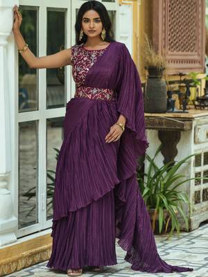 Wine Colour Chinnon Pleat Ruffles Saree WITH UN-STITCHED BLOUSE 2