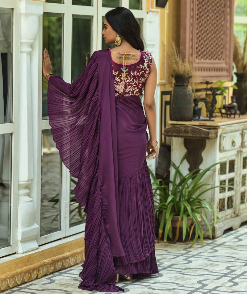 Wine Colour Chinnon Pleat Ruffles Saree WITH UN-STITCHED BLOUSE