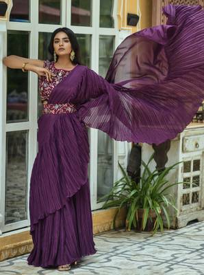 Wine Colour Chinnon Pleat Ruffles Saree WITH UN-STITCHED BLOUSE 4