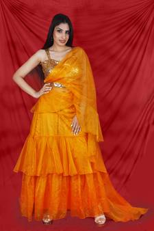 Multitier Organza Saree with Ruffle pallu with Sequins sweetheart neckline Blouse and Belt