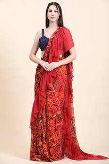 Printed Chiffon Red base Ruffle Saree, Sequins Blouse set