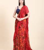 Printed Chiffon Red base Ruffle Saree, Sequins Blouse set