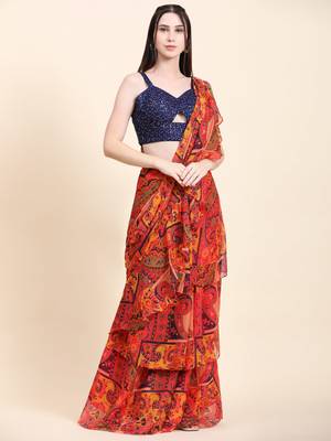 Printed Chiffon Red base Multitier Ruffle pallu Saree, Sequins Blouse set 1
