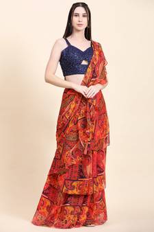 Printed Chiffon Red base Multitier Ruffle pallu Saree, Sequins Blouse set