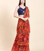 Printed Chiffon Red base Multitier Ruffle pallu Saree, Sequins Blouse set