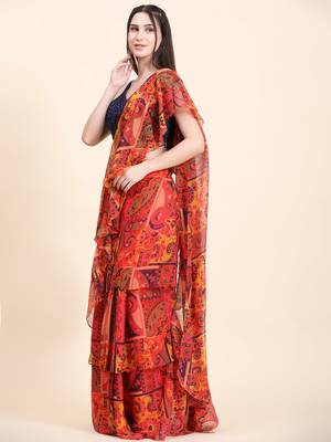 Printed Chiffon Red base Multitier Ruffle pallu Saree, Sequins Blouse set 2