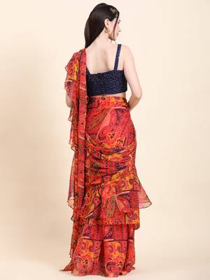 Printed Chiffon Red base Multitier Ruffle pallu Saree, Sequins Blouse set 3