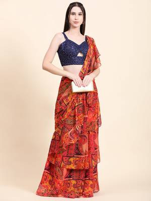 Printed Chiffon Red base Multitier Ruffle pallu Saree, Sequins Blouse set 5
