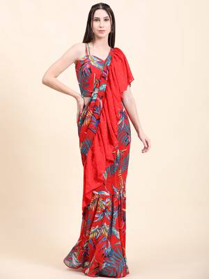 Red base Leaf print Georgette Ruffle Saree, Blouse set 1