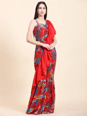 Red base Leaf print Georgette Ruffle Saree, Blouse set 2