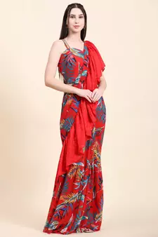 Red base Leaf print Georgette Ruffle Saree, Blouse set