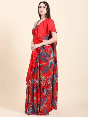 Red base Leaf print Georgette Ruffle Saree, Blouse set 3