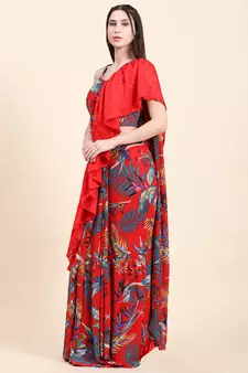 Red base Leaf print Georgette Ruffle Saree, Blouse set