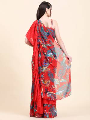 Red base Leaf print Georgette Ruffle Saree, Blouse set 4