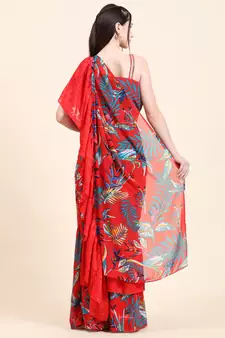 Red base Leaf print Georgette Ruffle Saree, Blouse set