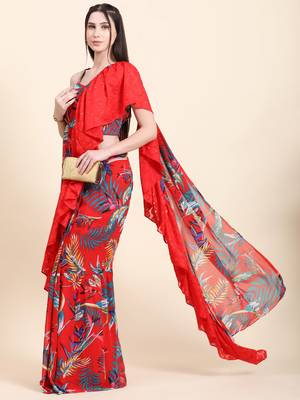 Red base Leaf print Georgette Ruffle Saree, Blouse set 5