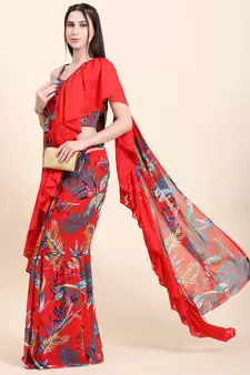 Red base Leaf print Georgette Ruffle Saree, Blouse set
