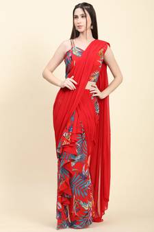 Red base Leaf print Georgette Pleats drape Saree, Blouse set