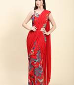 Red base Leaf print Georgette Pleats drape Saree, Blouse set