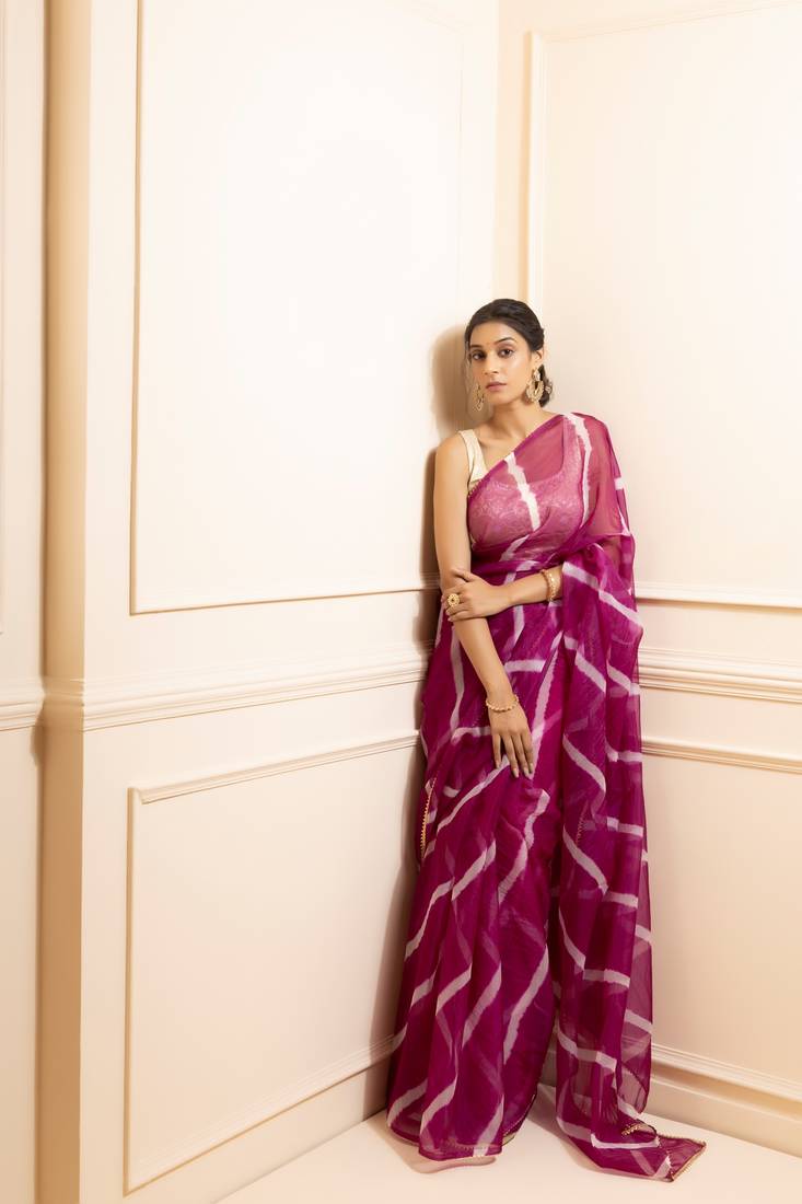 Geroo Jaipur Handcrafted Organza Leheriya Saree Set | Exquisite Indian Ethnic Wear