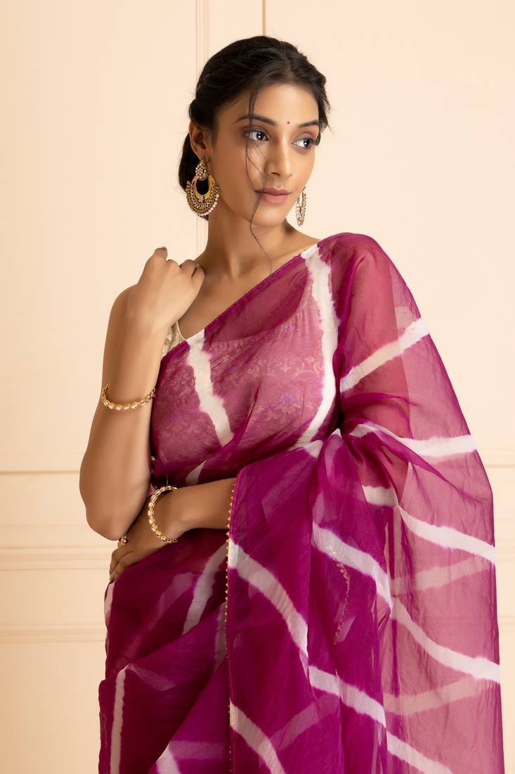 Geroo Jaipur Handcrafted Organza Leheriya Saree Set | Exquisite Indian Ethnic Wear