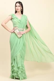 Pastel Green Georgette Ruffle drape Saree, Blouse set