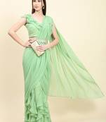 Pastel Green Georgette Ruffle drape Saree, Blouse set