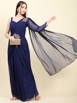 Dark Blue Georgette Pleats Drape Saree, Blouse set with embroidered patches 1